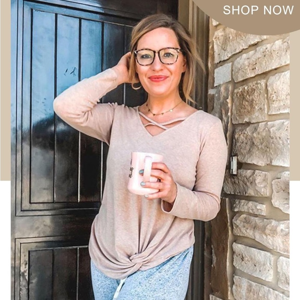 NIASHOT Soft Criss Cross V Neck Long Sleeve Loose Fit Tunic Top